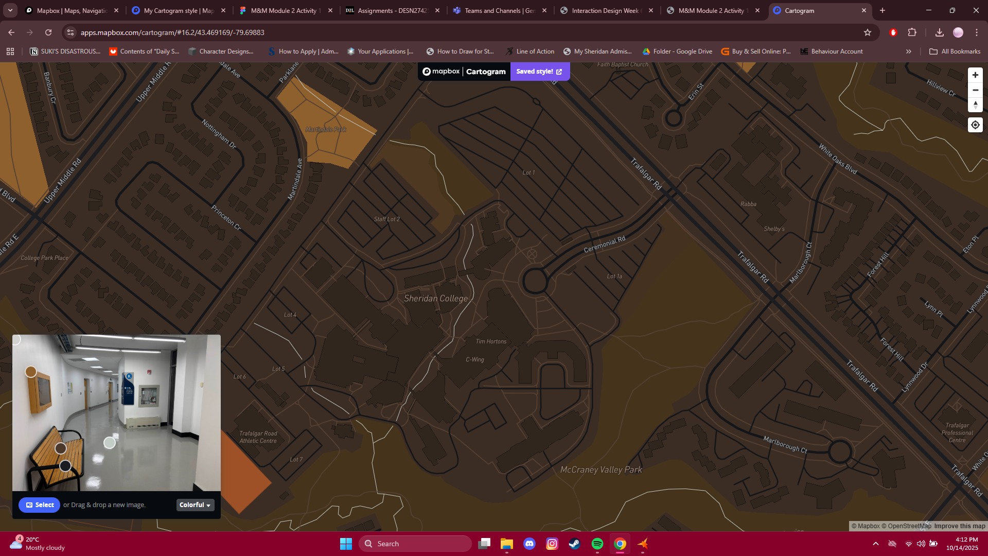 Inserted photo from workshop 1, started playing around with the colours here for the map and tried to zoom into the college